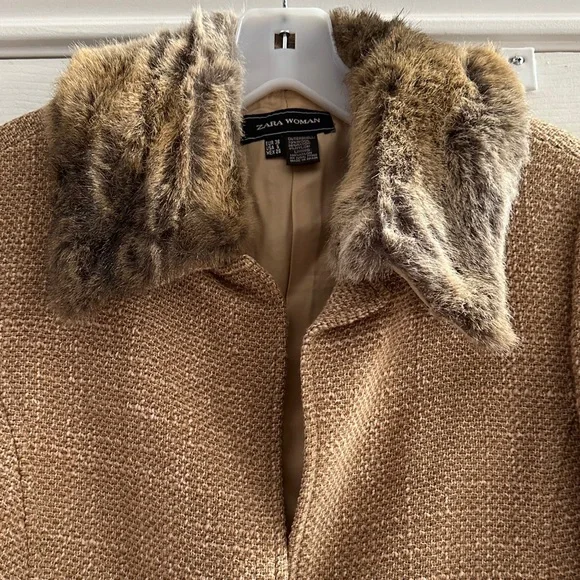 Zara 2000s Y2K Tweed Tan Blazer Faux Fur Collar Wool Blend Women’s 6 Academia - Picture 3 of 10